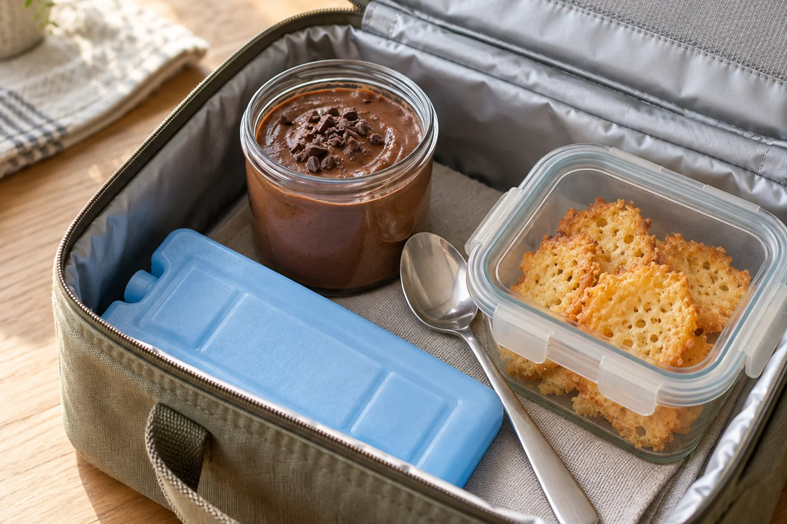 Open insulated lunch bag with a jar of protein pudding, a container of cheese crisps and a flat ice pack