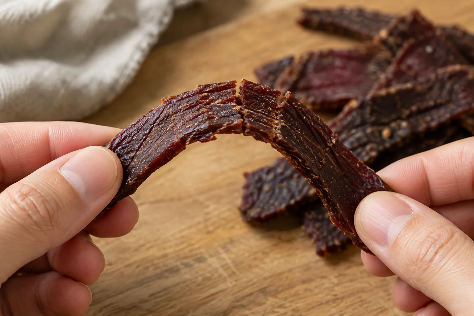 A hand bending a strip of finished beef jerky to show fine white cracks on the surface without breaking