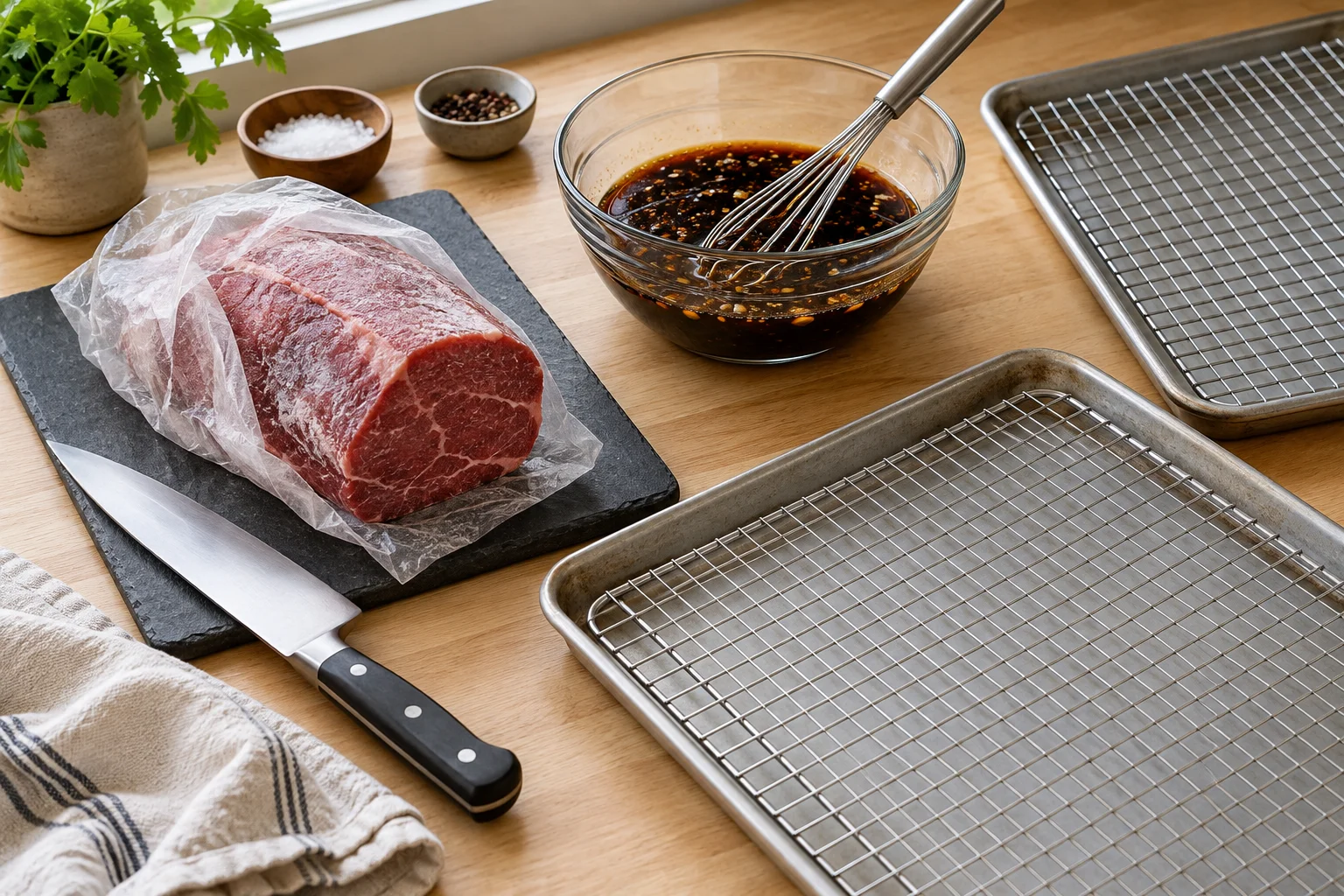 Counter set up for jerky with a partly frozen eye of round roast, a bowl of marinade, a knife and wire racks on pans