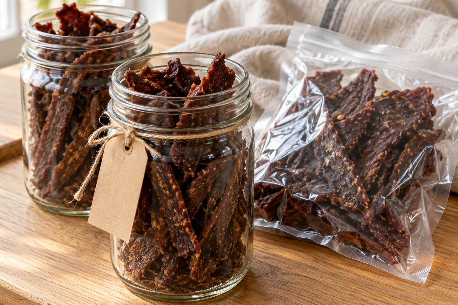 Two wide-mouth glass jars and a vacuum-sealed bag filled with homemade beef jerky on a light oak table