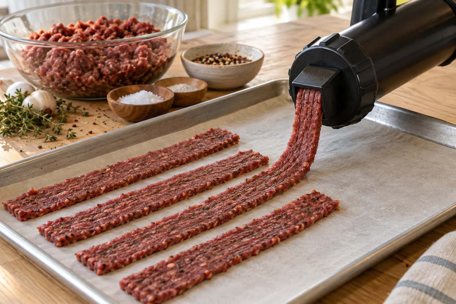 A jerky gun pressing long ribbons of seasoned ground beef onto a parchment-lined baking sheet