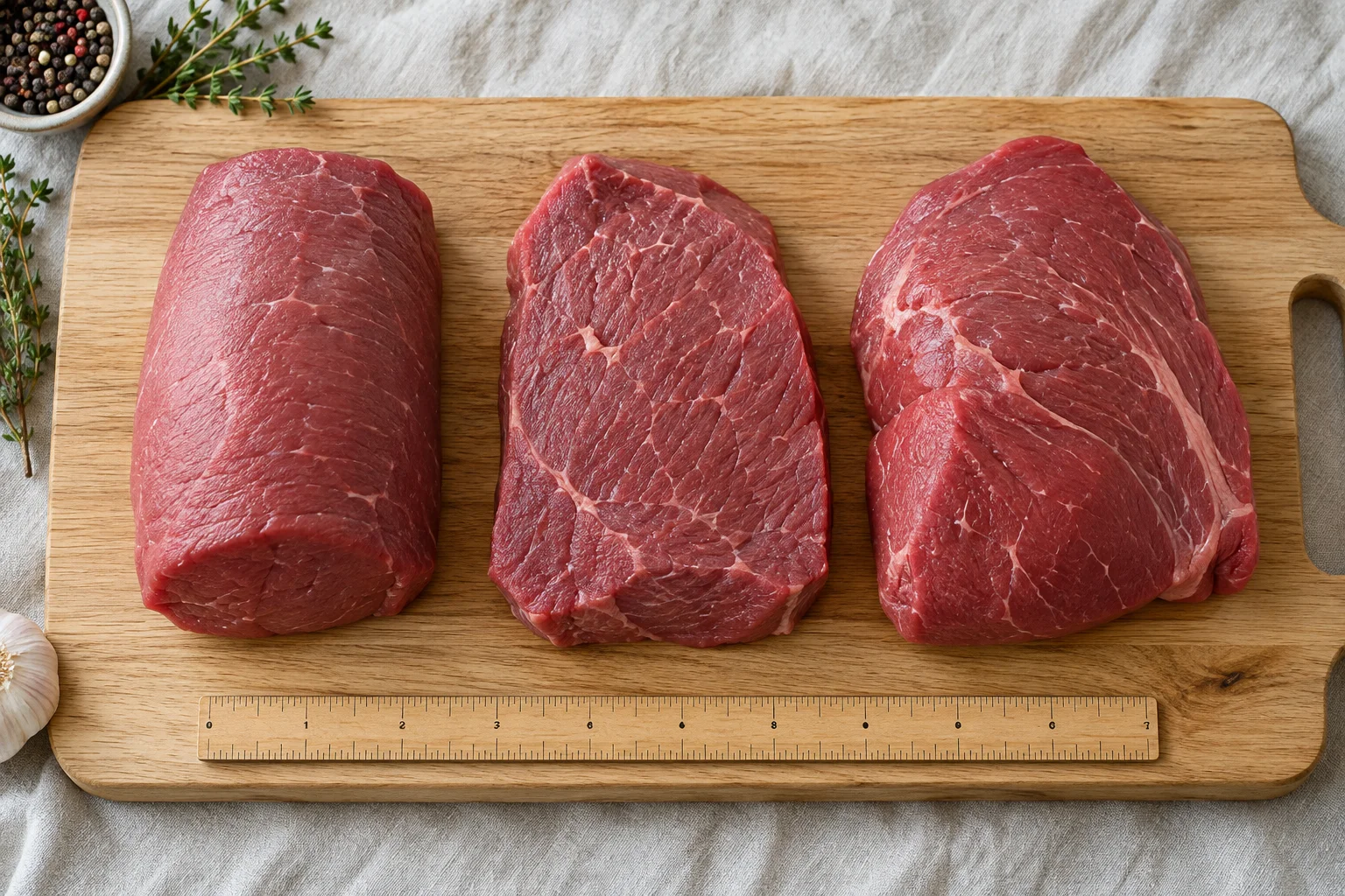 Three lean raw beef cuts, eye of round, top round and sirloin tip, side by side on a board with a ruler