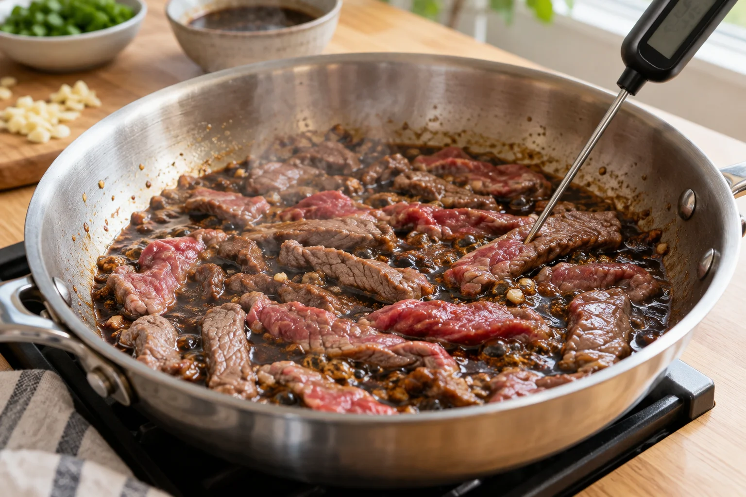 Thin beef strips simmering in dark marinade in a wide stainless skillet, with a thermometer probe in one strip