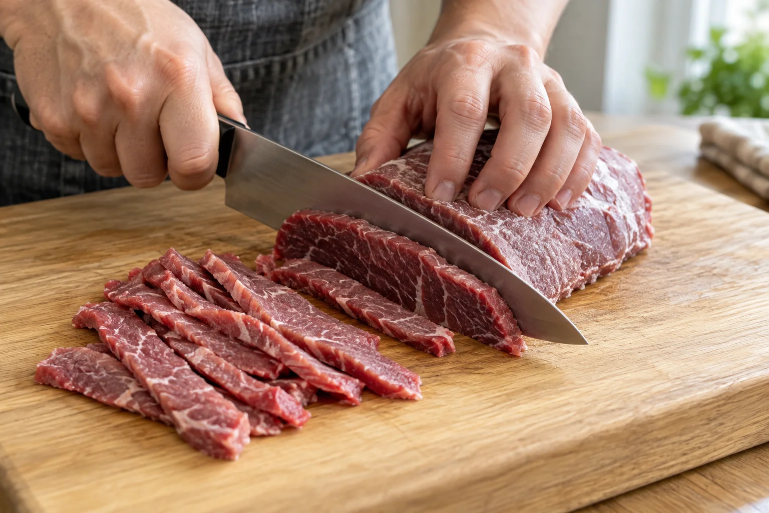 Hands slicing a partially frozen eye of round roast into 1/8-inch strips across the grain on a wooden board