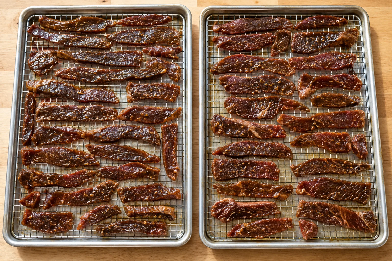 Beef jerky strips laid in a single layer on wire racks set in two half-sheet pans, ready for the oven