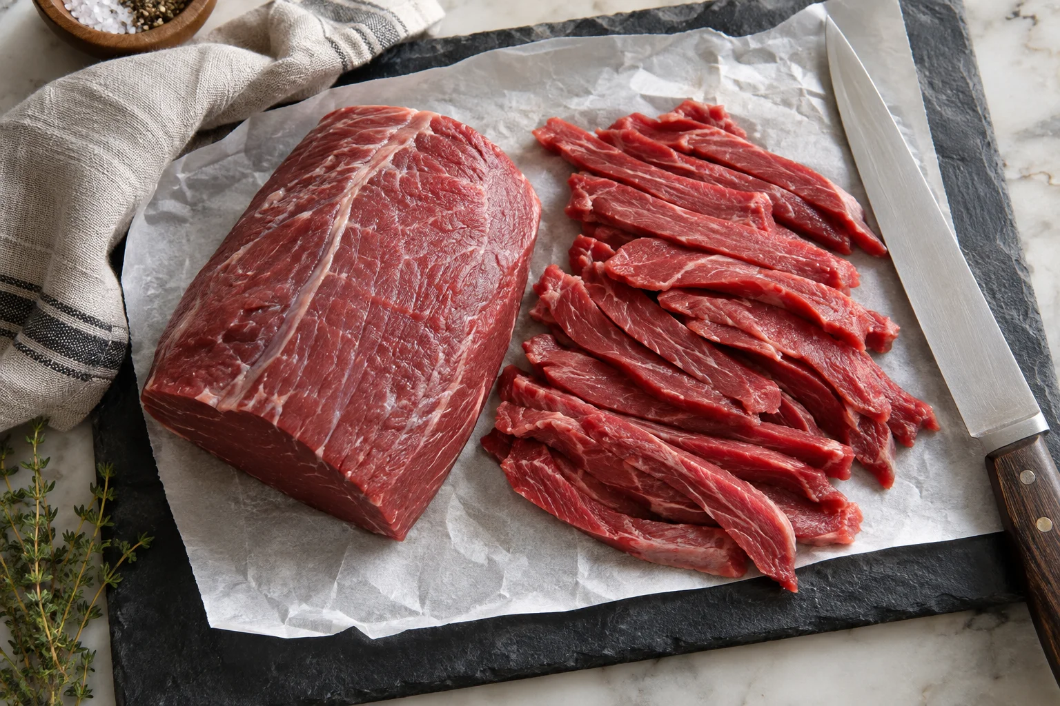 A trimmed eye of round roast and sliced raw beef strips on white butcher paper next to a sharp slicing knife