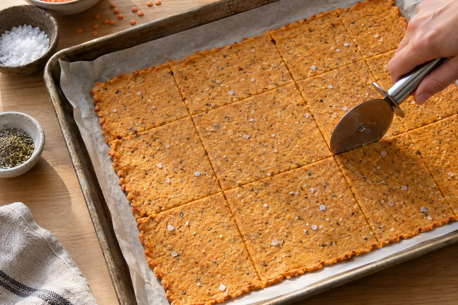 Thin red-lentil batter spread on parchment and being scored into squares with a pizza cutter