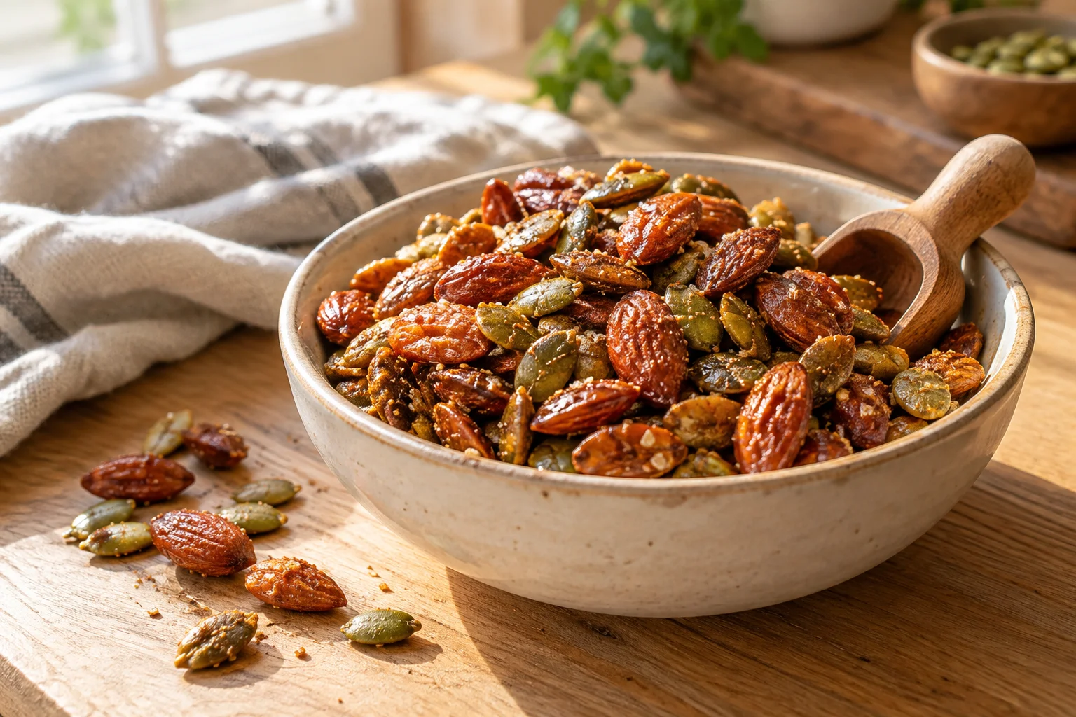 Glazed almonds and pumpkin seeds in a ceramic bowl with a small scoop