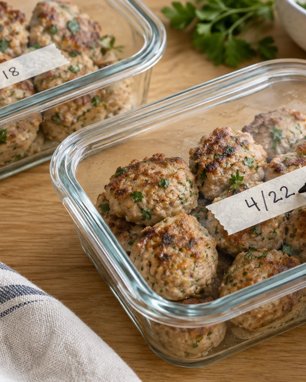 Hand writing a date on masking tape stuck to a glass container of turkey meatballs, with a marker beside it