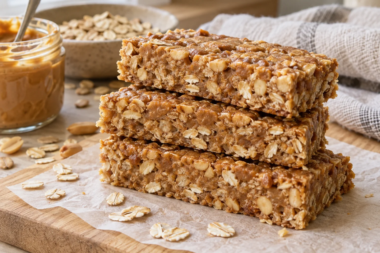 Stack of sliced no-bake peanut butter protein bars on parchment showing a dense oat interior