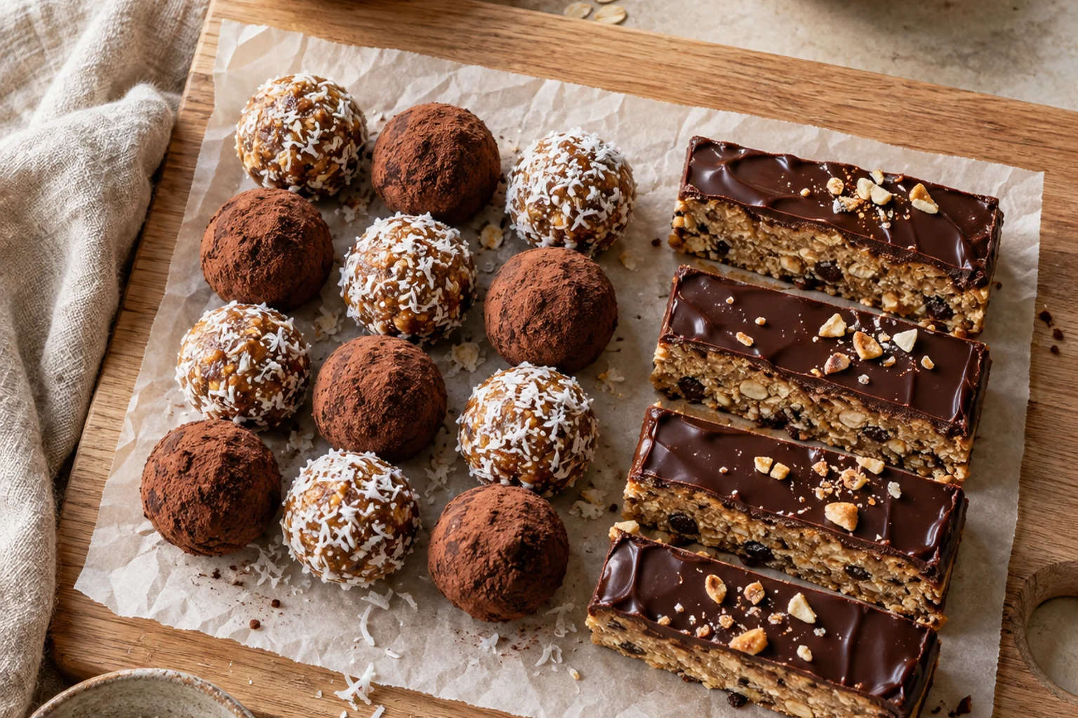 Peanut butter protein balls and sliced chocolate-dipped protein bars arranged on parchment on a light oak board