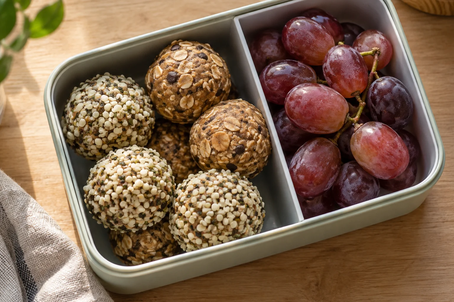 Protein balls rolled in cocoa, shredded coconut, crushed almonds and hemp hearts in four small white dishes