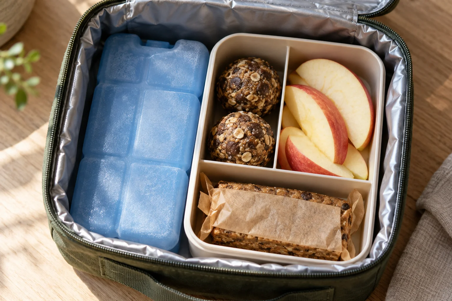 A leak-proof snack box holding two protein balls and a wrapped protein bar next to an ice pack in an insulated bag