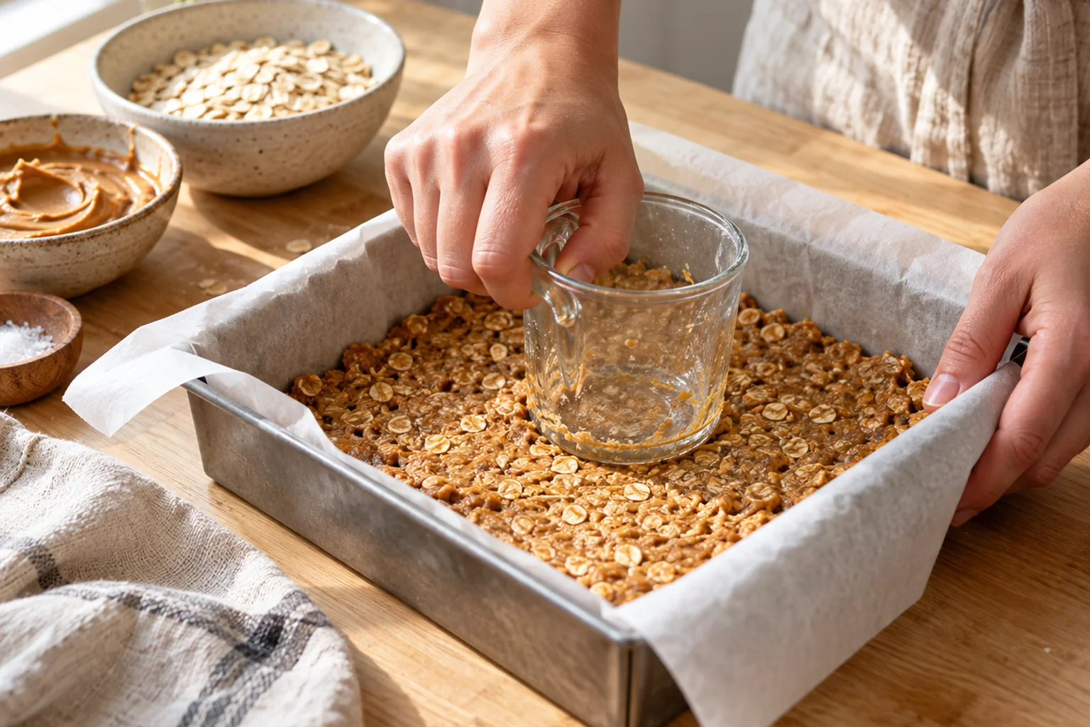Hands pressing homemade protein bar dough into a parchment-lined 8x8-inch pan with the bottom of a measuring cup