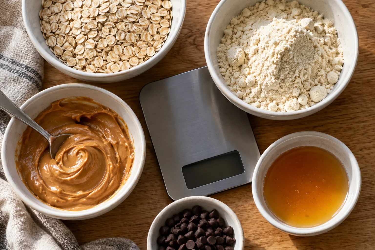 Bowls of rolled oats, vanilla protein powder, peanut butter and honey weighed on a kitchen scale for no bake protein balls