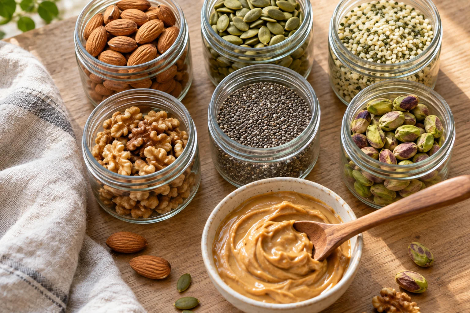 Overhead view of small glass jars of almonds, pumpkin seeds, hemp hearts, walnuts and chia seeds with a spoon of natural peanut butter on linen