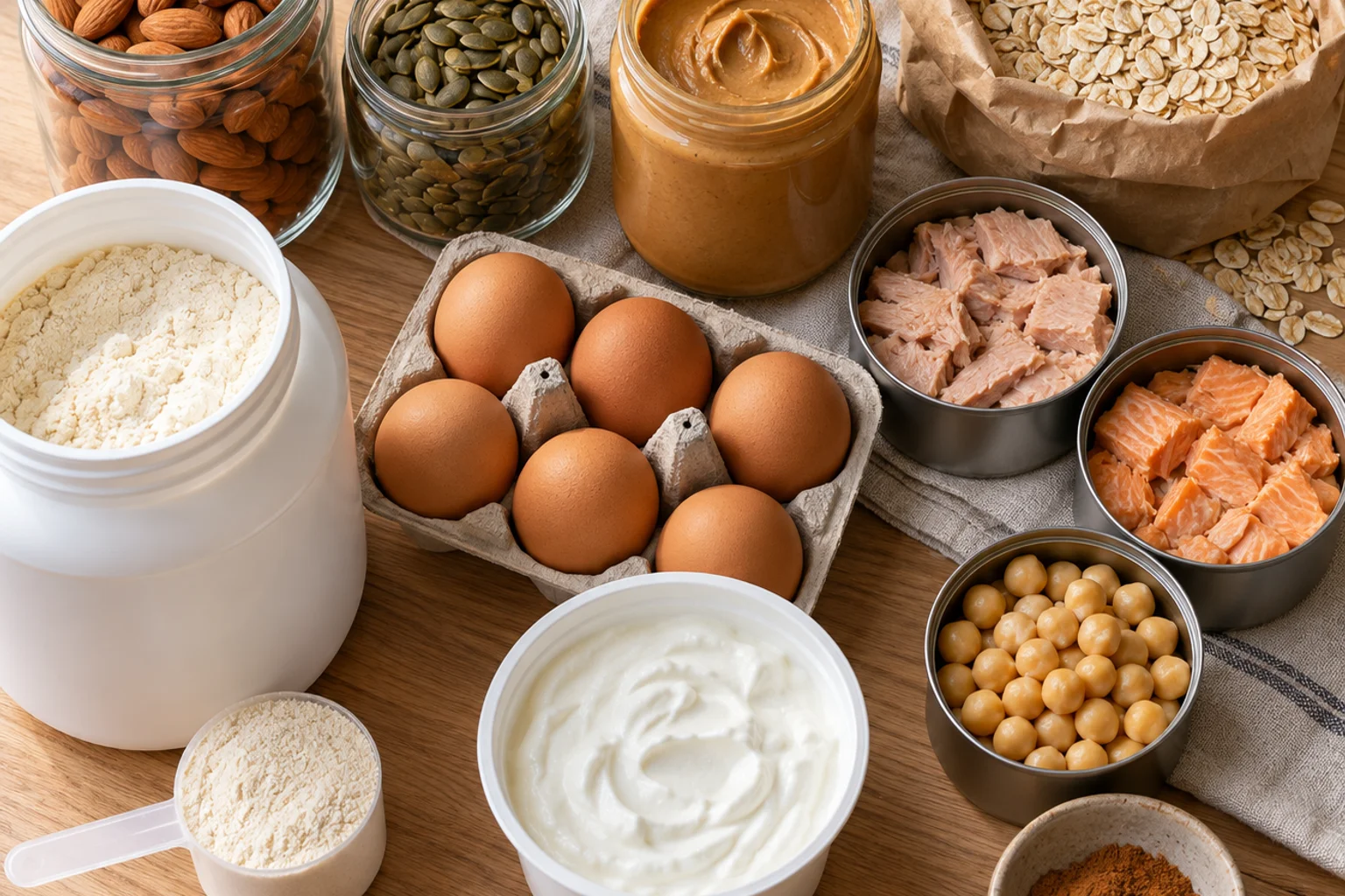 Overhead flat lay of twelve starter pantry items on a light oak table: jars of almonds and pumpkin seeds, peanut butter, oats, canned fish, protein powder tub, eggs and Greek yogurt