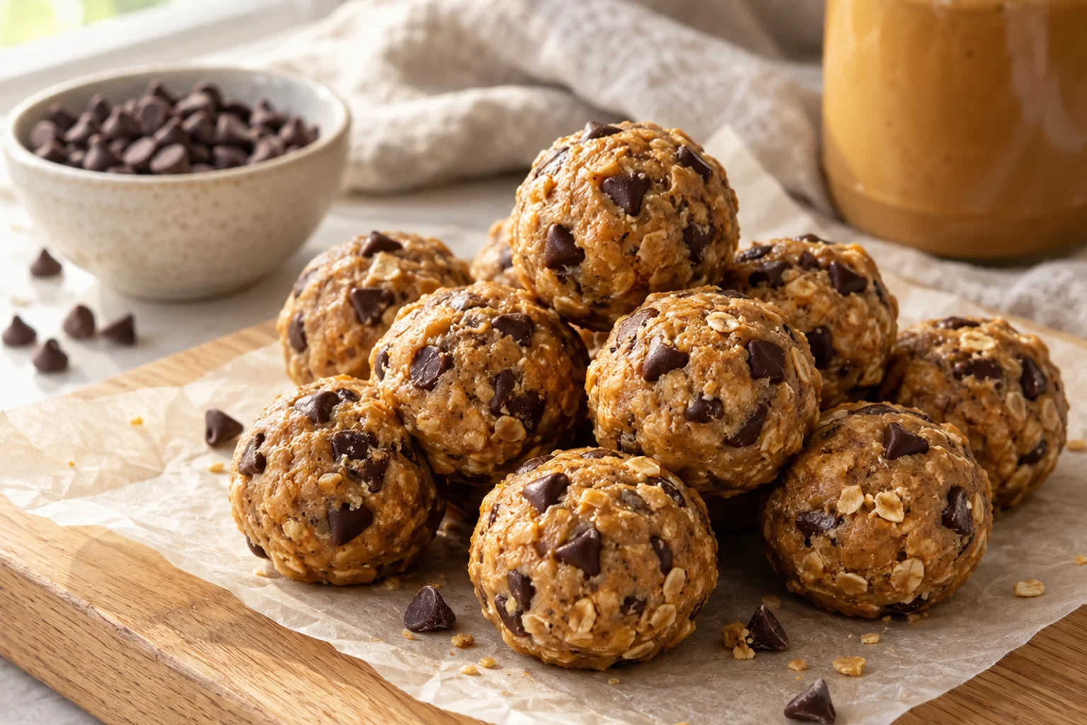 A stack of peanut butter chocolate chip protein balls on parchment with a bowl of chips beside them