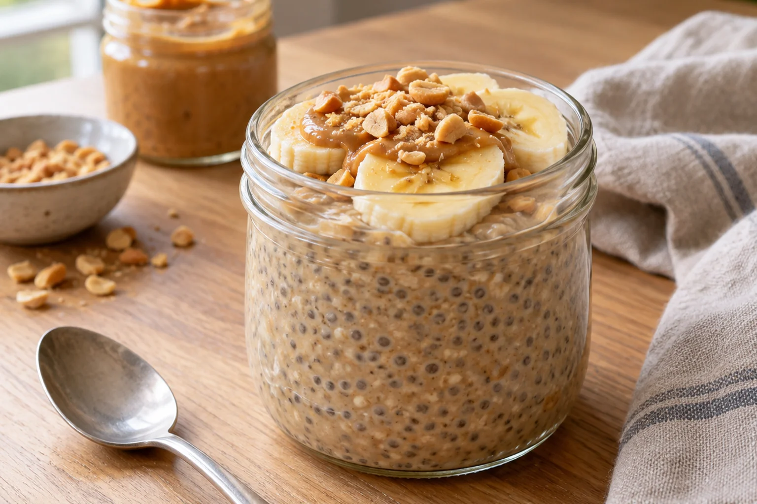 Glass jar of beige peanut butter chia pudding topped with sliced banana and crushed peanuts