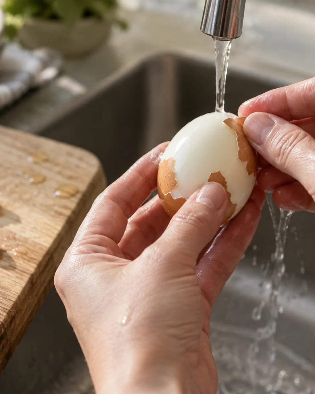 Hands peeling a cracked steamed egg under a thin stream of water over a white sink