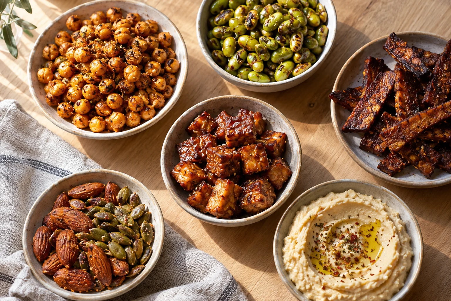 Overhead view of homemade vegan protein snacks: roasted chickpeas, edamame, tofu jerky, tempeh bites and spiced nuts