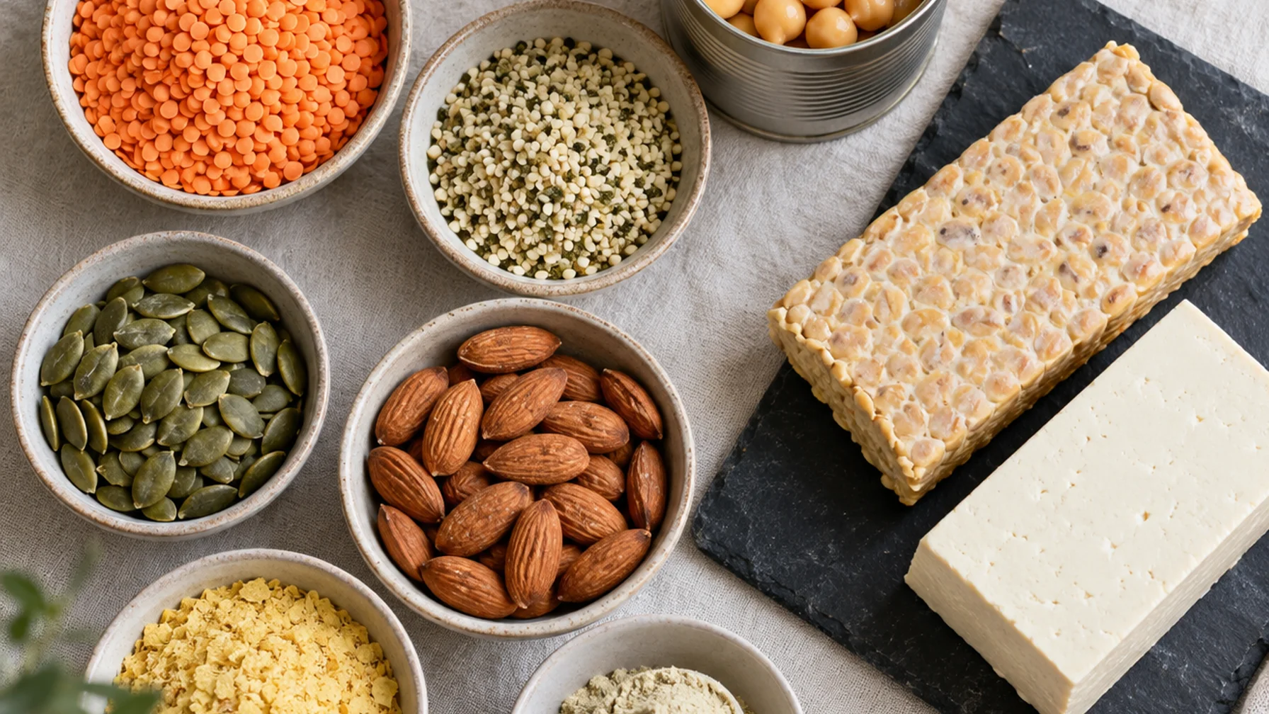 Flatlay of vegan protein pantry staples: red lentils, hemp hearts, pumpkin seeds, chickpeas, tempeh, tofu and pea protein