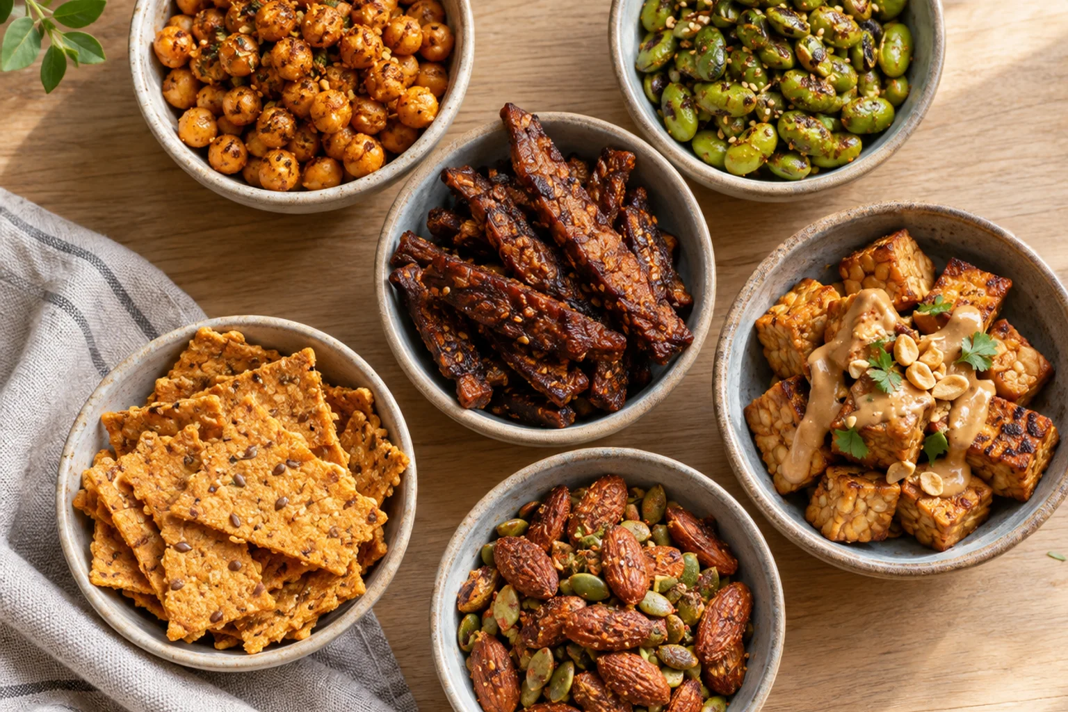 Overhead view of small bowls of roasted chickpeas, edamame, tofu jerky, tempeh cubes and spiced nuts on a light oak table