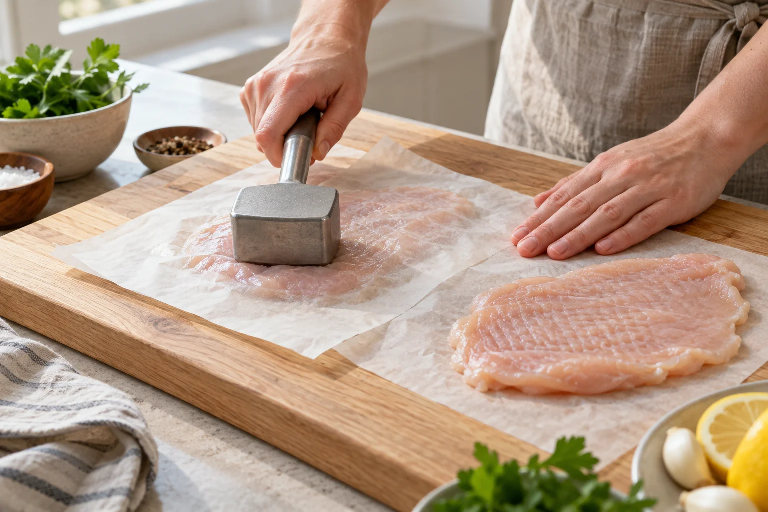 Hands pounding a chicken breast thin between two sheets of parchment with a meat mallet