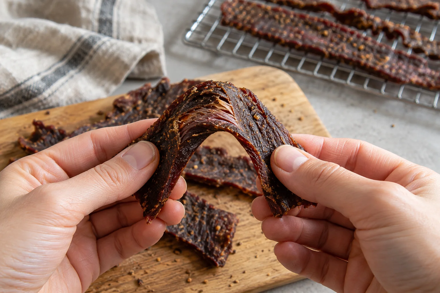 Hands bending a cooled strip of beef jerky so fine cracks show without snapping, beside a wire rack of more jerky