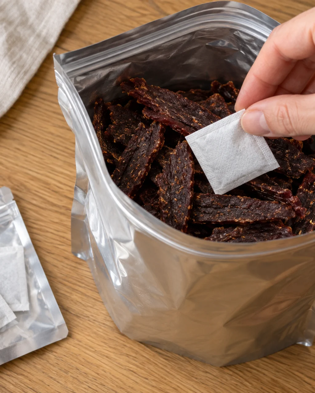 Open resealable Mylar bag of jerky strips with a small oxygen absorber packet being placed on top