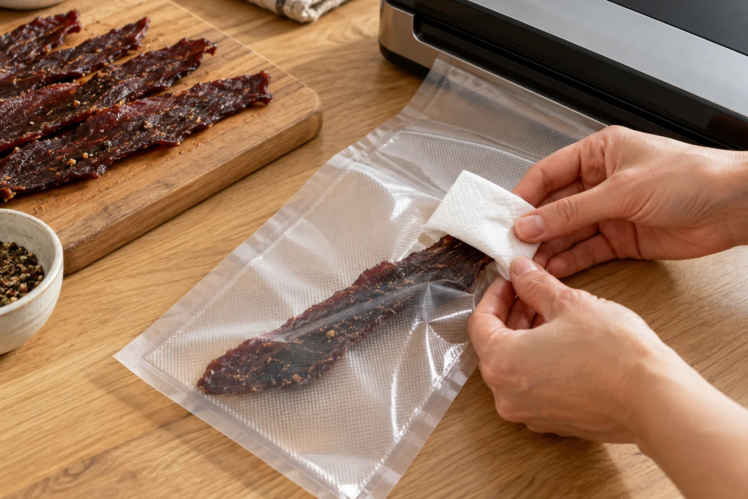 Hands folding a paper towel over the sharp end of a jerky strip inside an open vacuum sealer bag beside a sealer