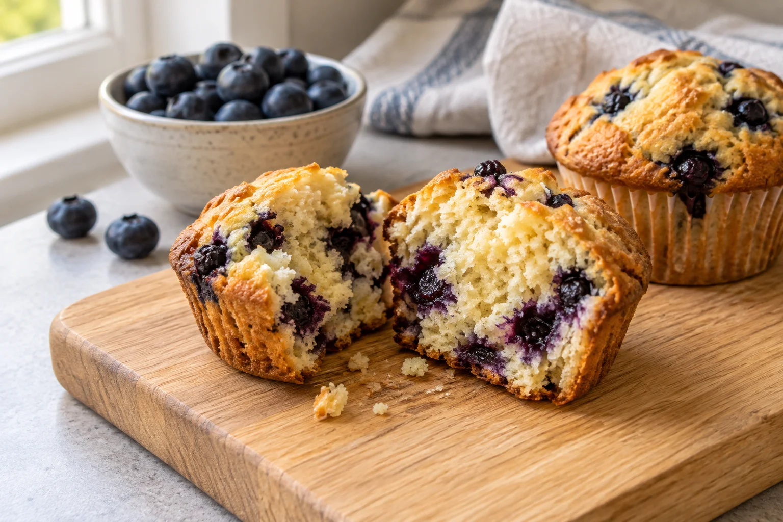 Blueberry protein muffin split in half showing a moist, even crumb with blueberries next to a whole muffin
