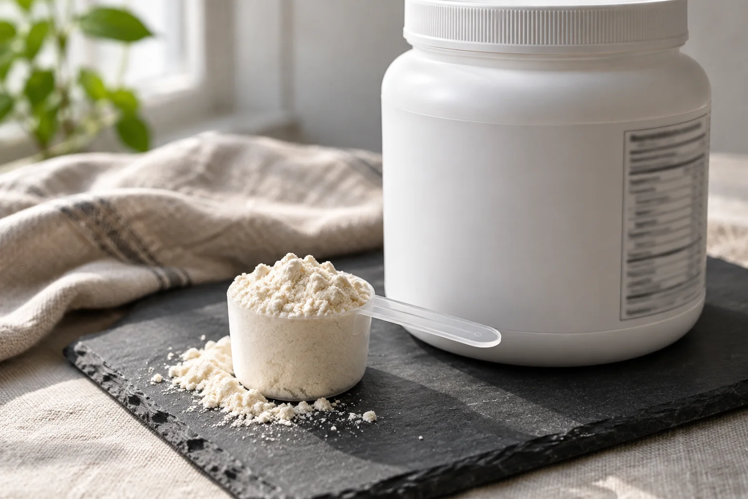 Close-up of an unbranded nutrition facts panel next to a leveled scoop of white protein powder on a slate board