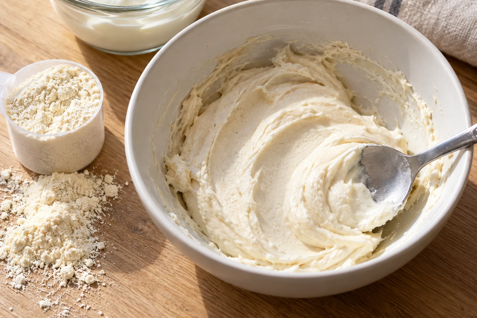 Spoon mashing a small amount of vanilla protein powder with yogurt into a smooth paste in a white bowl