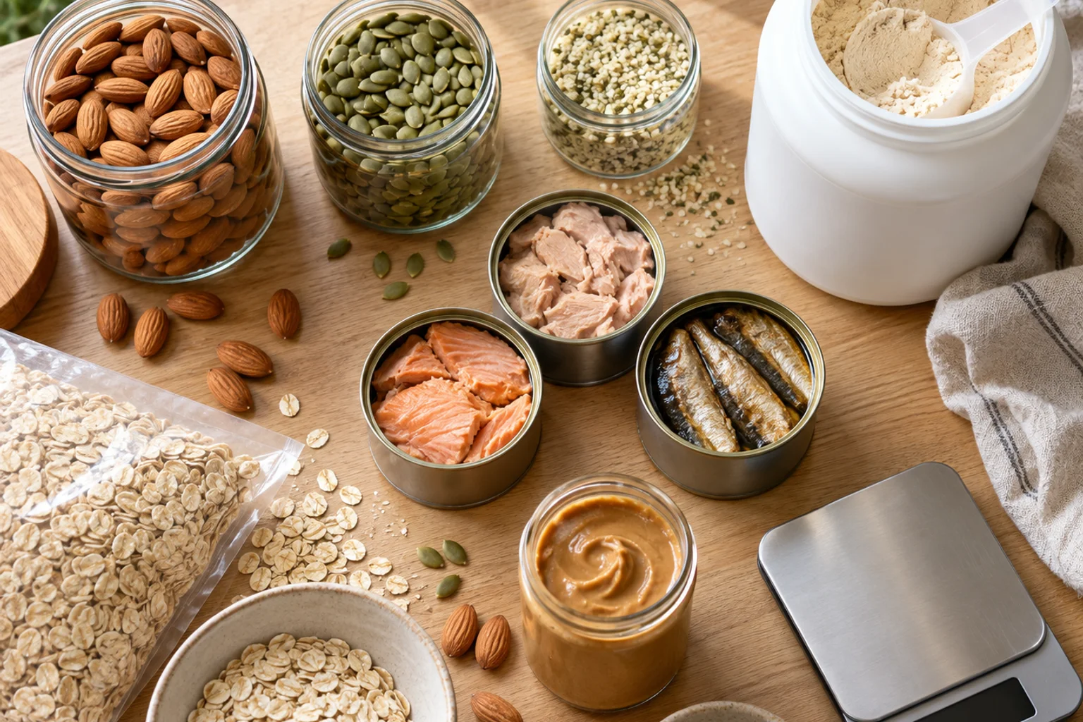 Overhead view of a high-protein snack pantry: jars of nuts and seeds, canned fish, a tub of protein powder, oats and a kitchen scale on a light oak table