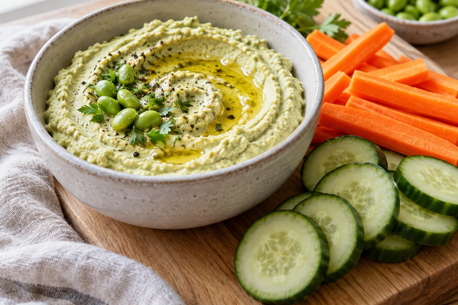 A bowl of creamy white-bean hummus with olive oil and swirls on top and carrot sticks