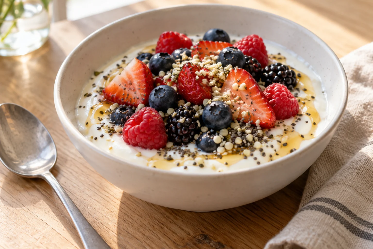 White bowl of thick Greek yogurt topped with mixed berries, chia seeds, hemp hearts and a drizzle of honey