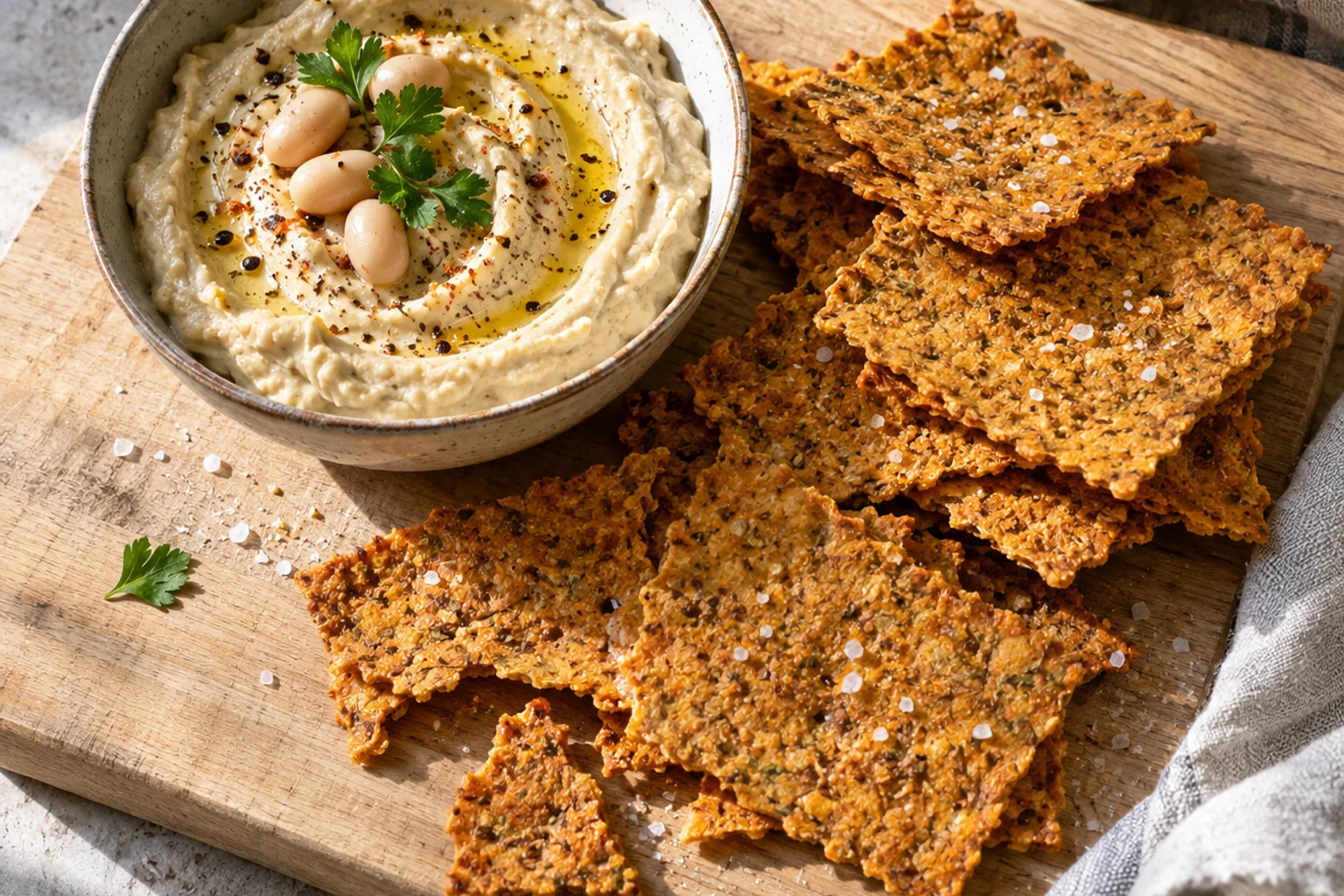 Rustic golden red-lentil crackers stacked on a wooden board beside a bowl of hummus
