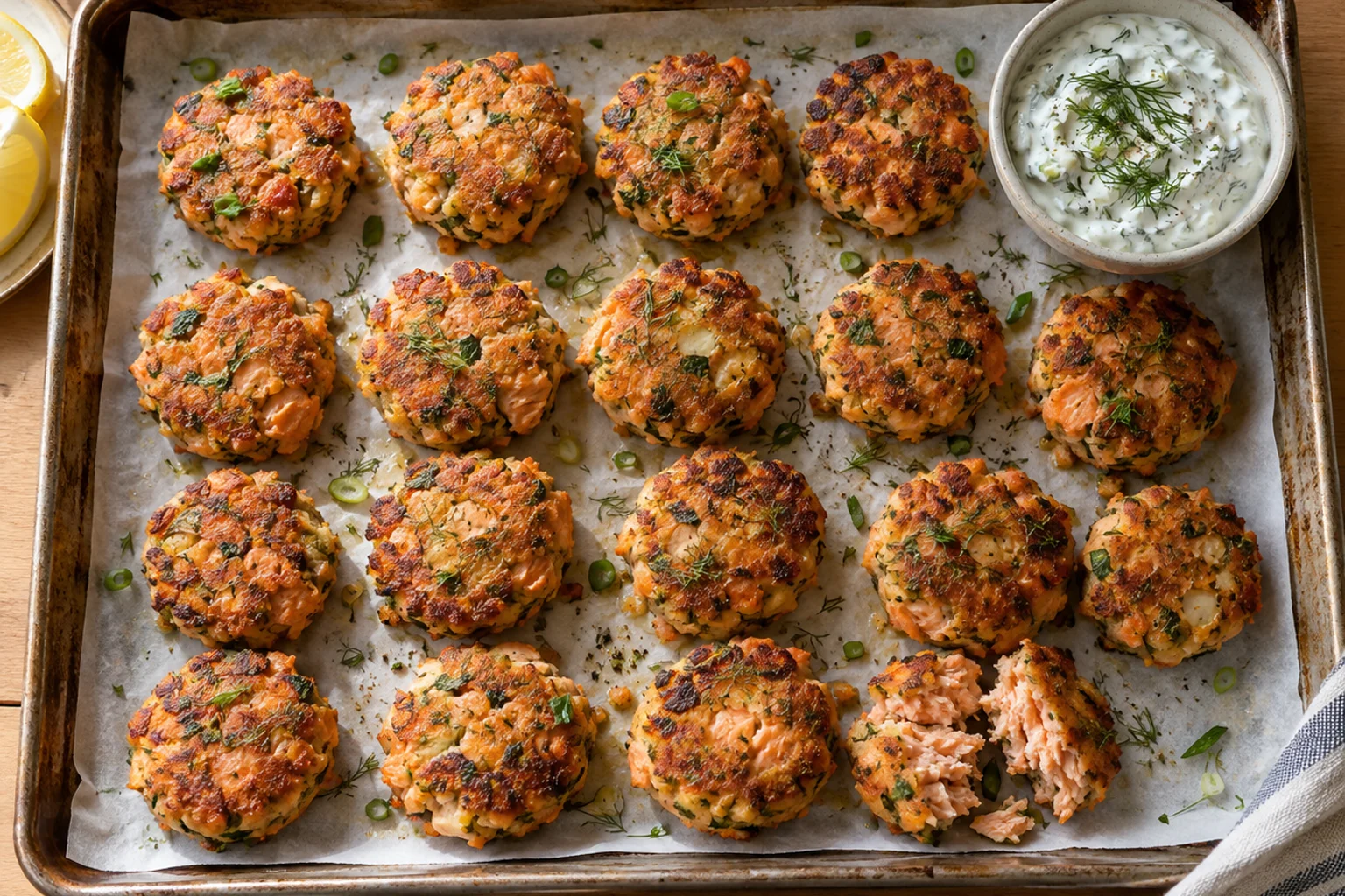 Sixteen golden mini salmon patties on a parchment-lined pan with a dill yogurt dip