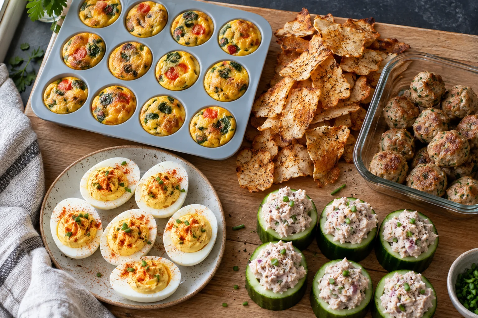 Homemade savory protein snacks: egg bites, chicken chips, turkey meatballs, deviled eggs and tuna cucumber cups on an oak board