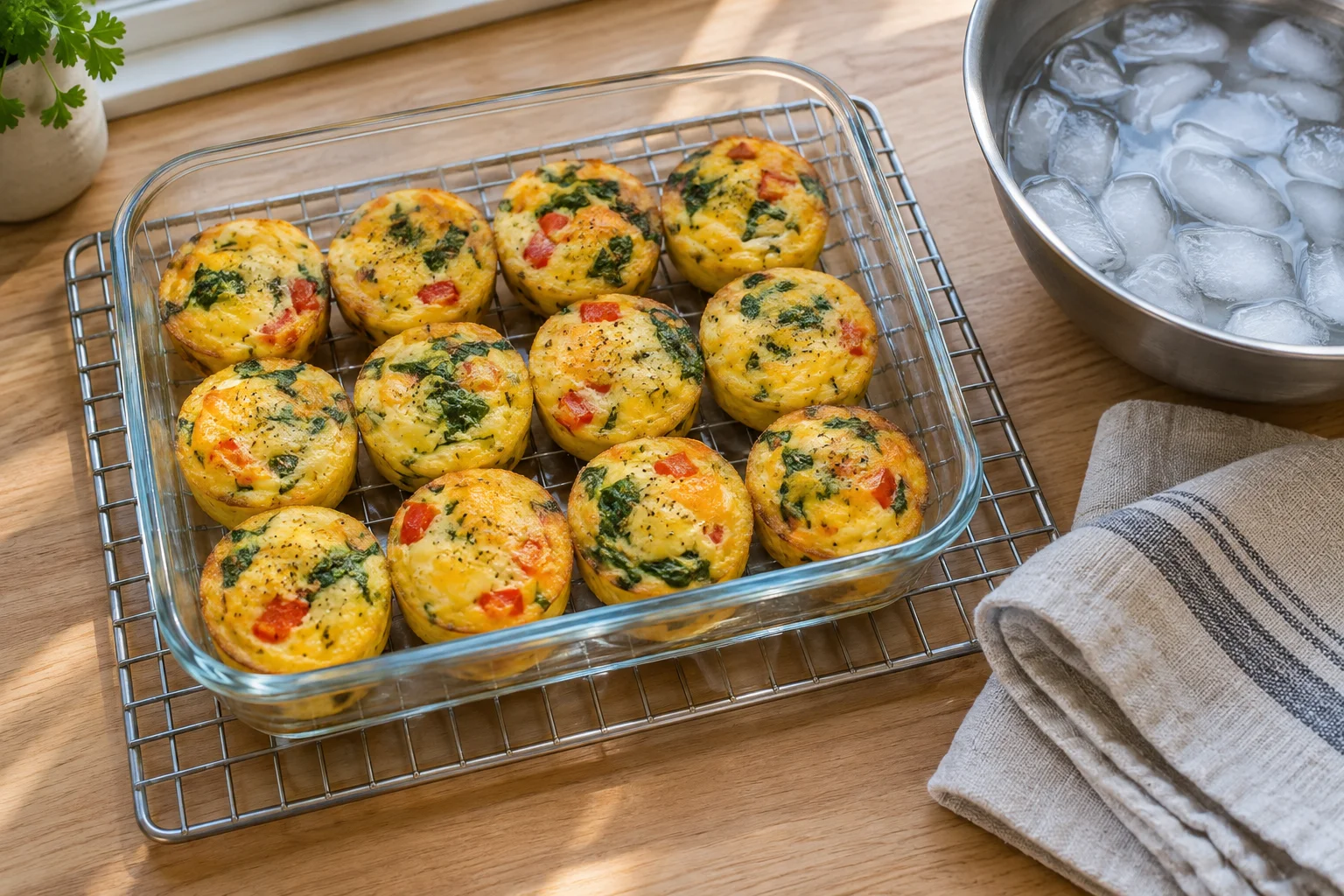 Cooked egg bites in a single layer in a shallow glass container on a wire rack, with a bowl of ice water beside it