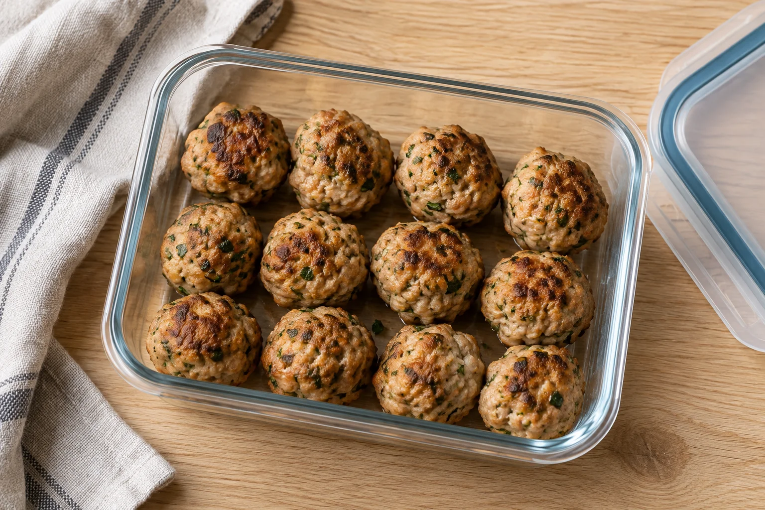 Cooked turkey meatballs spread in a single layer in a shallow glass container to cool before refrigerating