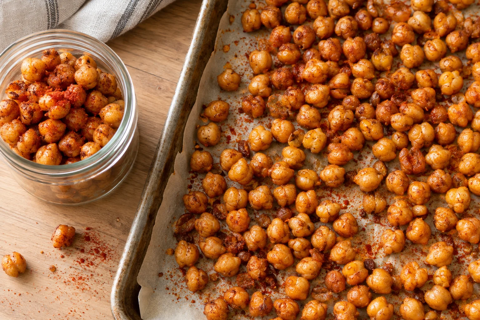 A glass jar of smoked-paprika roasted almonds, peanuts and pumpkin seeds beside a small bowl of the mix on a light oak table