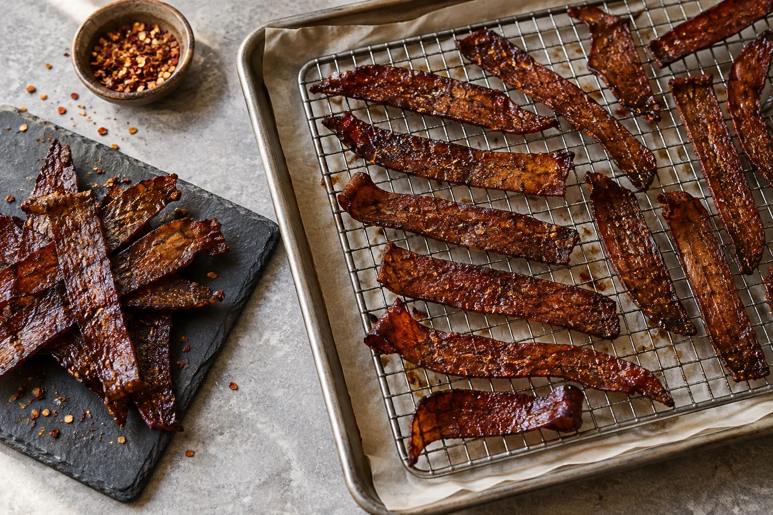 Dark glossy strips of smoky tofu jerky on a wire rack over a sheet pan