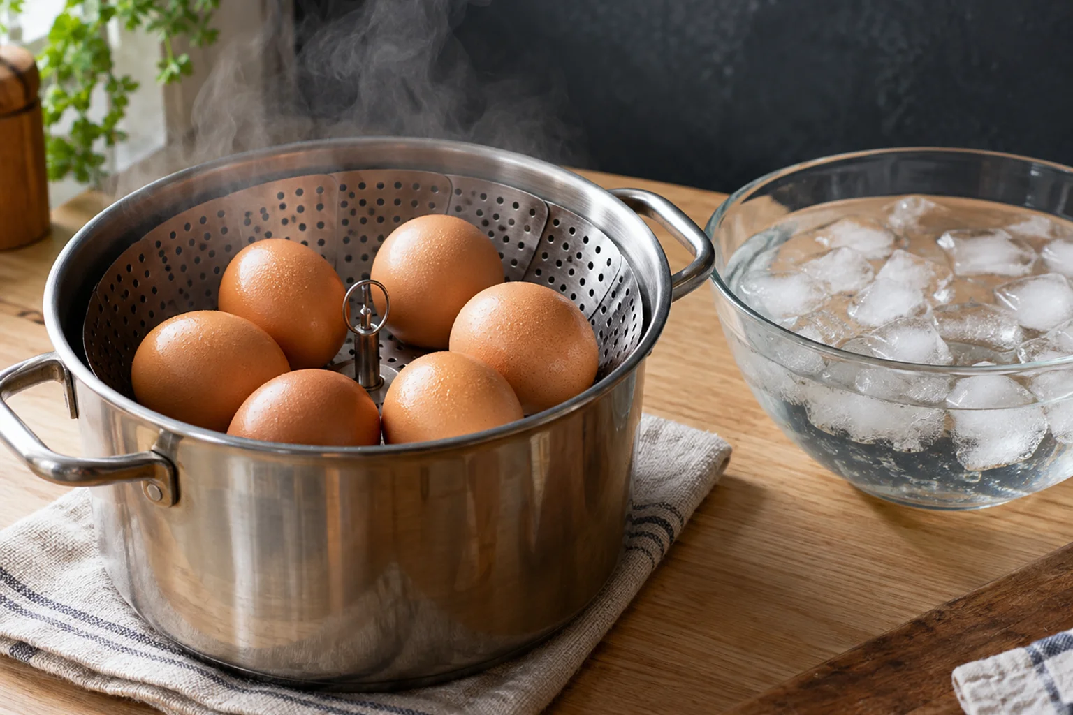 Six steamed eggs in a metal basket lifted from a pot, next to a bowl of ice water