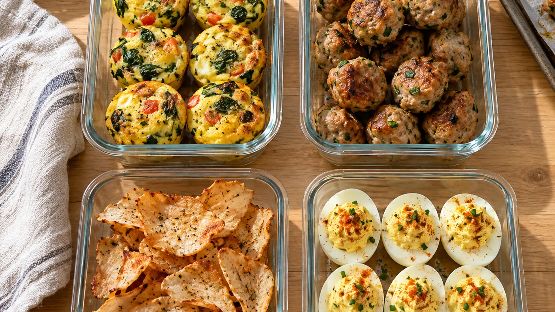 Containers of egg bites, meatballs, chicken chips and deviled eggs lined up on a kitchen counter