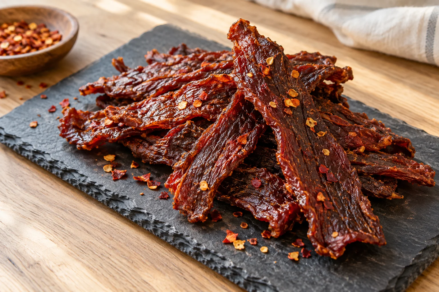 Reddish-brown sriracha beef jerky strips with a glossy glaze stacked on a slate board