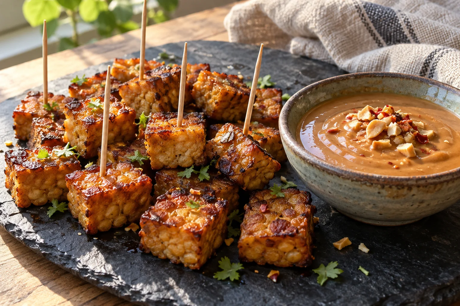 Golden roasted tempeh cubes with toothpicks beside a small bowl of peanut sauce