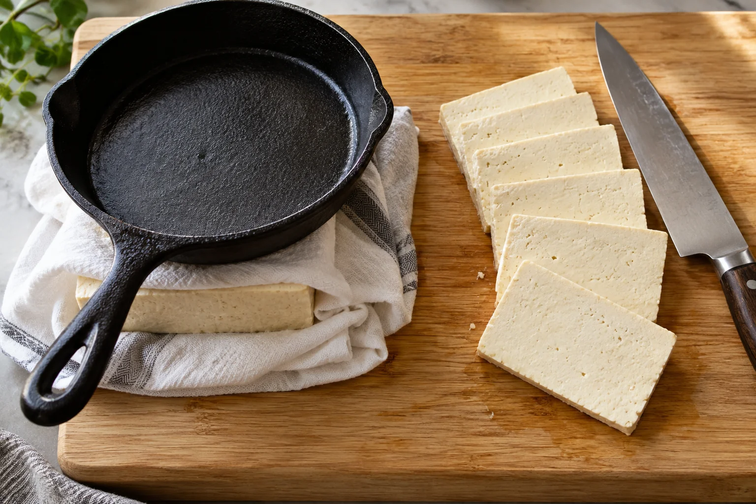 Extra-firm tofu pressed under a heavy pan next to 1/4-inch tofu planks, the first step of homemade tofu jerky
