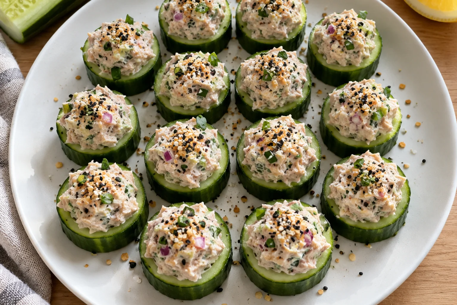 Cucumber rounds filled with tuna salad and sprinkled with seeds on a white plate